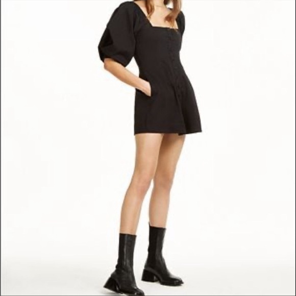 Danielle Bernstein Black Puff Sleeve Button Down Mini Dress - Picture 2 of 10